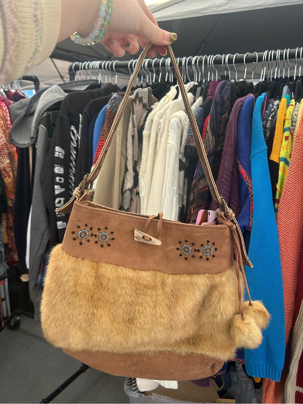 Vintage beaded fur shoulder bag